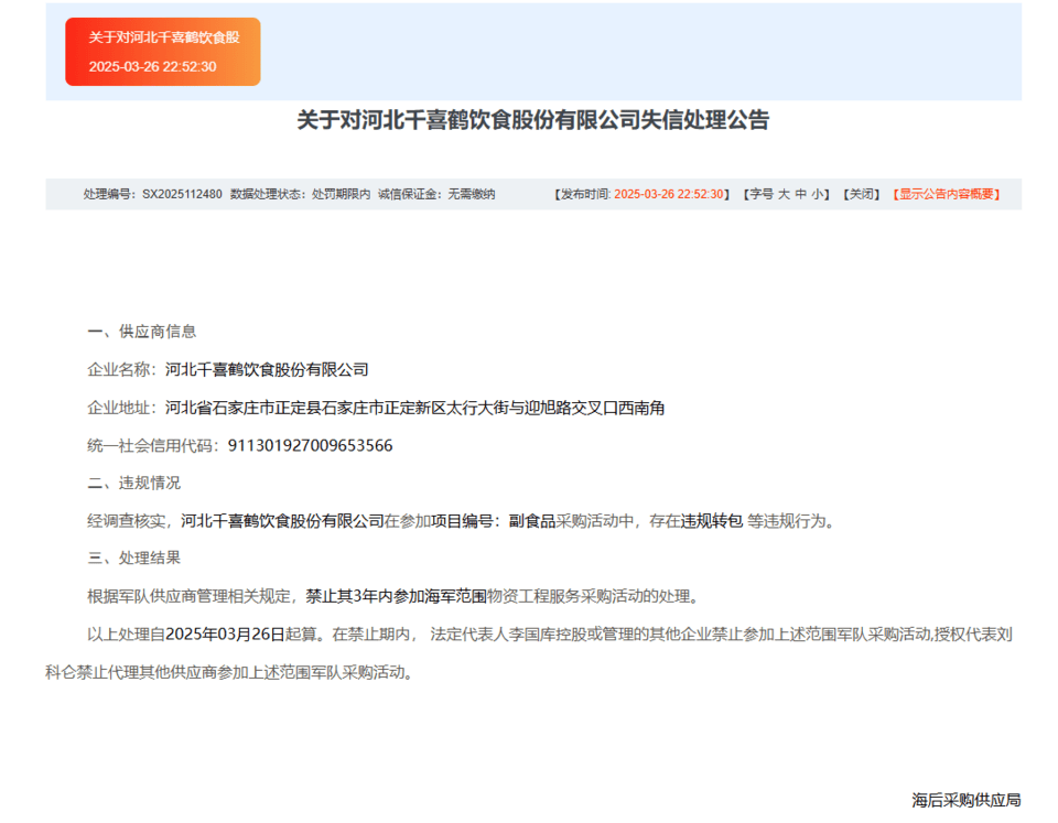 违规转包<strong></p>
<p>币创网交易平台</strong>，河北千喜鹤饮食股份有限公司被禁3年